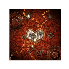 Steampunk, Wonderful Heart With Clocks And Gears On Red Background Small Satin Scarf (square) by FantasyWorld7