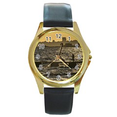 River Plater River Scene At Montevideo Round Gold Metal Watch by dflcprints