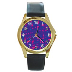 Blue And Pink Neon Round Gold Metal Watch