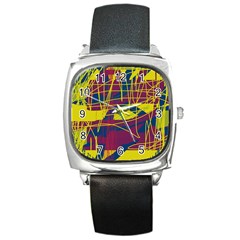 Yellow High Art Abstraction Square Metal Watch by Valentinaart