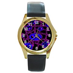 Blue And Magenta Abstraction Round Gold Metal Watch