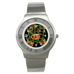 Orange And Green Abstraction Stainless Steel Watch by Valentinaart