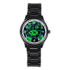 Green And Blue Abstraction Stainless Steel Round Watch by Valentinaart