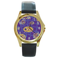 Purple And Yellow Abstraction Round Gold Metal Watch by Valentinaart