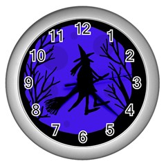 Halloween Witch - Blue Moon Wall Clocks (silver)  by Valentinaart