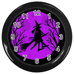 Halloween Witch - Purple Moon Wall Clocks (black)