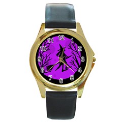 Halloween Witch - Purple Moon Round Gold Metal Watch