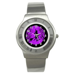 Halloween Witch - Purple Moon Stainless Steel Watch by Valentinaart