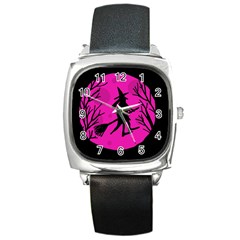 Halloween Witch - Pink Moon Square Metal Watch by Valentinaart