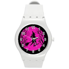 Halloween Witch - Pink Moon Round Plastic Sport Watch (m)