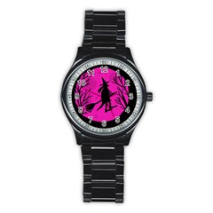 Halloween Witch - Pink Moon Stainless Steel Round Watch by Valentinaart