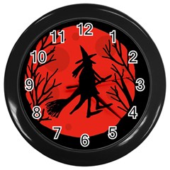 Halloween Witch - Red Moon Wall Clocks (black) by Valentinaart