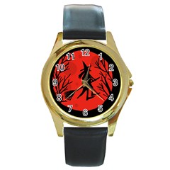 Halloween Witch - Red Moon Round Gold Metal Watch by Valentinaart