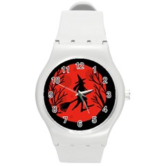 Halloween Witch - Red Moon Round Plastic Sport Watch (m)