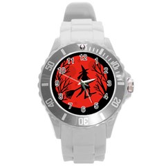 Halloween Witch - Red Moon Round Plastic Sport Watch (l) by Valentinaart