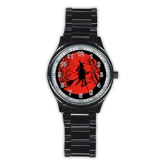 Halloween Witch - Red Moon Stainless Steel Round Watch by Valentinaart