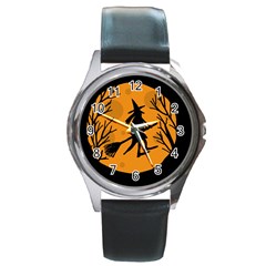 Halloween Witch - Orange Moon Round Metal Watch by Valentinaart