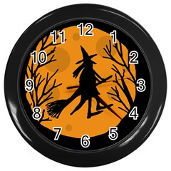 Halloween Witch - Orange Moon Wall Clocks (black) by Valentinaart