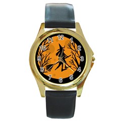 Halloween Witch - Orange Moon Round Gold Metal Watch