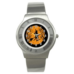 Halloween Witch - Orange Moon Stainless Steel Watch by Valentinaart