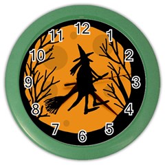 Halloween Witch - Orange Moon Color Wall Clocks