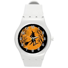 Halloween Witch - Orange Moon Round Plastic Sport Watch (m) by Valentinaart