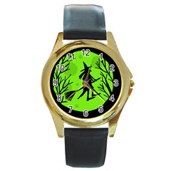 Halloween Witch - Green Moon Round Gold Metal Watch by Valentinaart