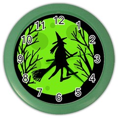 Halloween Witch - Green Moon Color Wall Clocks by Valentinaart