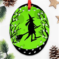 Halloween Witch - Green Moon Oval Filigree Ornament (2-side) 