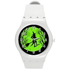 Halloween Witch - Green Moon Round Plastic Sport Watch (m)