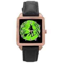 Halloween Witch - Green Moon Rose Gold Leather Watch  by Valentinaart