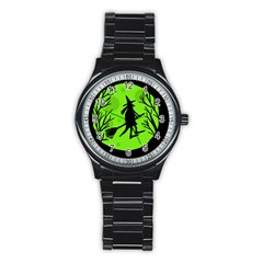 Halloween Witch - Green Moon Stainless Steel Round Watch by Valentinaart