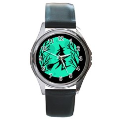 Halloween Witch - Cyan Moon Round Metal Watch