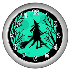 Halloween Witch - Cyan Moon Wall Clocks (silver) 