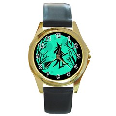 Halloween Witch - Cyan Moon Round Gold Metal Watch by Valentinaart