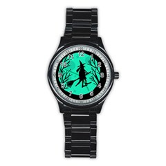 Halloween Witch - Cyan Moon Stainless Steel Round Watch by Valentinaart