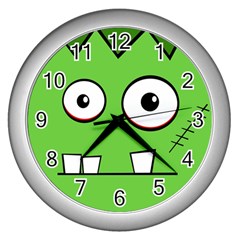 Halloween Frankenstein - green Wall Clocks (Silver) 