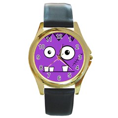 Halloween Frankenstein - Purple Round Gold Metal Watch