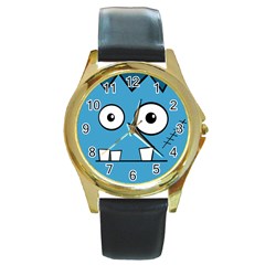 Halloween Frankenstein - Blue Round Gold Metal Watch by Valentinaart