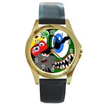 Halloween monsters Round Gold Metal Watch Front