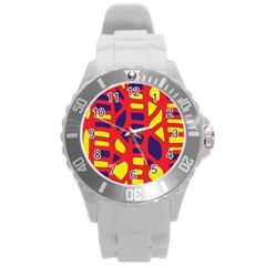 Red, Yellow And Blue Decor Round Plastic Sport Watch (l) by Valentinaart