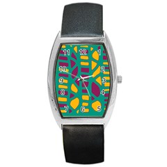 Green, Purple And Yellow Decor Barrel Style Metal Watch by Valentinaart