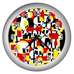 Red And Yellow Chaos Wall Clocks (silver)  by Valentinaart