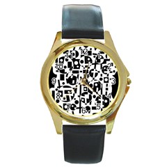 Black And White Abstract Chaos Round Gold Metal Watch by Valentinaart