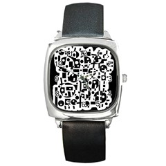 Black And White Abstract Chaos Square Metal Watch by Valentinaart