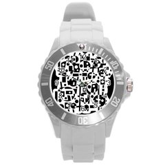 Black And White Abstract Chaos Round Plastic Sport Watch (l) by Valentinaart