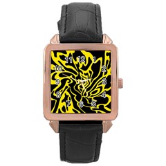 Black And Yellow Rose Gold Leather Watch  by Valentinaart