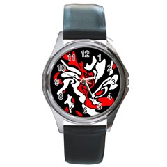 Red, Black And White Decor Round Metal Watch by Valentinaart