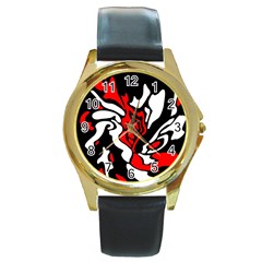 Red, Black And White Decor Round Gold Metal Watch by Valentinaart