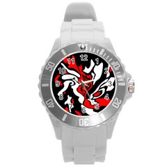 Red, Black And White Decor Round Plastic Sport Watch (l) by Valentinaart